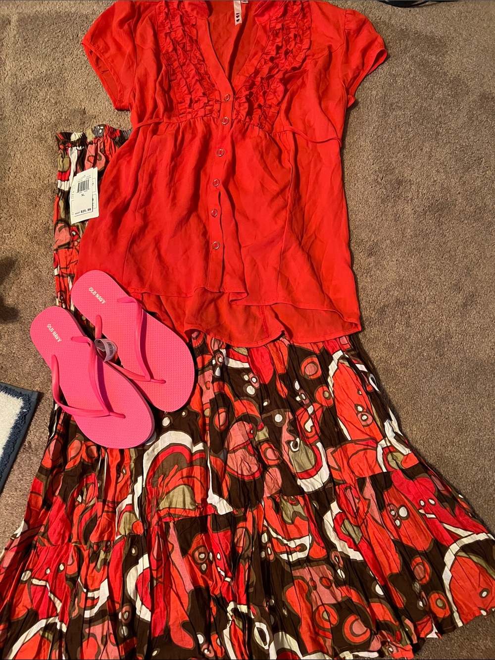 Coral Top with Floral Skirt.  Both size XL.  Old Navy Flip Flops, Size 9.